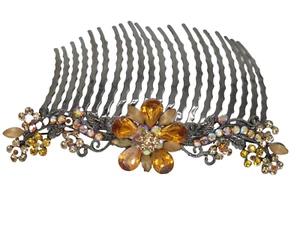Large Fabulous Vintage Amber Color Rhinestone Metal Hair Comb 4.25" wide - Picture 1 of 3