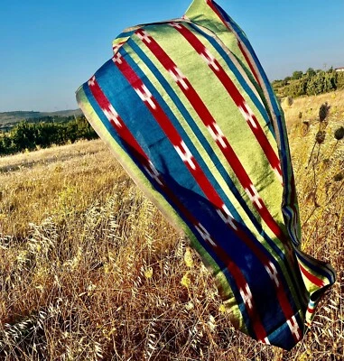 Blue Green Red Striped Ikat Pattern Luxurious Silk Shantung, By 2 Meters. - Image 1 of 4