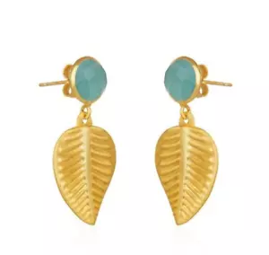 Heart Leaf Gemstone Earrings Gold Plated Dangle Earrings With Aqua Chalcedony - Picture 1 of 5