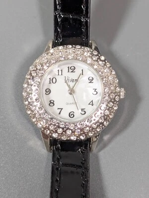 Vivani MOP Dial Round Case Crystal Pave Black Faux Leather Band Watch - Image 1 of 4