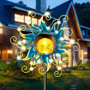 Solar Lights Outdoor Garden Decor, Blue Metal Sun Crackle Glass Globe Stake Wate - Picture 1 of 12