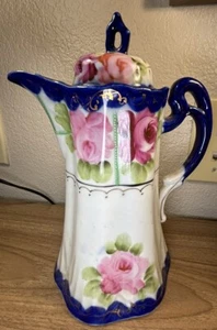 Antique Porcelain Cobalt Blue Hand Painted Chocolate Pot Made In Japan Pitcher - Picture 1 of 7