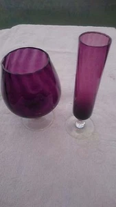 Pair Vintage Glass Ruby Coloured Vases Clear Short Barley Twist Stems - Picture 1 of 7