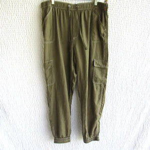 Green Linen Designer Pants Joggers XL Nicole Miller Cargo Pockets Elastic - Picture 1 of 12