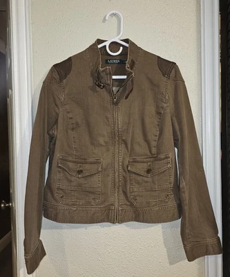 Chaqueta de Vuelo Lauren Ralph Lauren 14 Marrón Denim Elastizada Cremallera Completa Borde de Cuero Foto 1 de 4