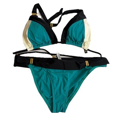 VIX Paula Hermanny Black White Teal Color Block Two Piece Halter Bikini Size L - Image 1 of 4