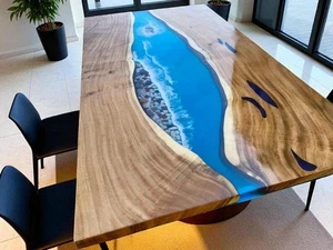 Ocean Epoxy Dining Table Top – Handmade Resin River Table | Coastal Live Edge - Picture 1 of 15