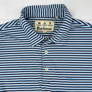 Barbour Polo Shirt Men Large Blue Black White Stripes Performance Golf Preppy - Picture 1 of 12