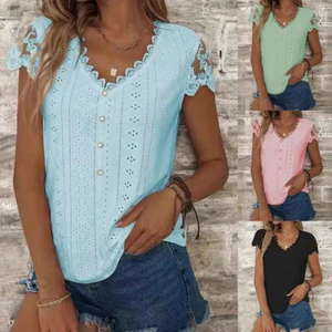 Womens V neck Pullover Loose T Shirt Short Sleeve Ladies Base Tops Blouse US - Picture 1 of 24