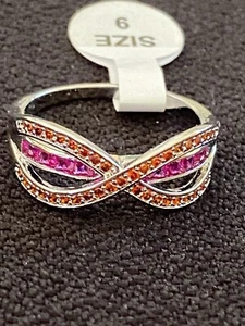 Sz 9 Silver Tone Simulated Pink Red Ruby & Garnet Gemstone Crystal Ring - Picture 1 of 8