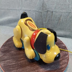 Vintage Playskool Pull-Toy Puppy Dog Yellow & Red Design With Blue Wheels  READ - Picture 1 of 17