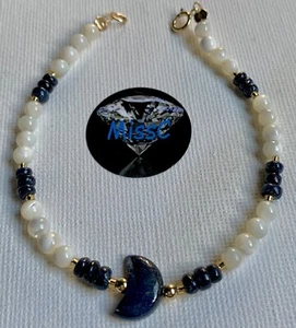 9 CT GOLD SAPPHIRE MOON WITH MOP BRACELET, ALL NATURAL, HANDMADE IN UK - Picture 1 of 5