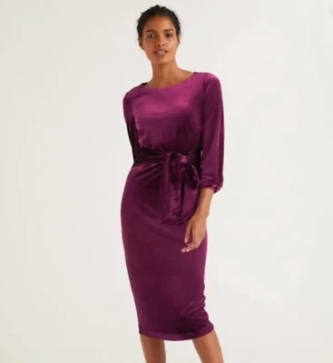 Boden Julianna Velvet Midi Tie Front Pencil Dress in Beetroot Purple size US 4 - Image 1 of 4