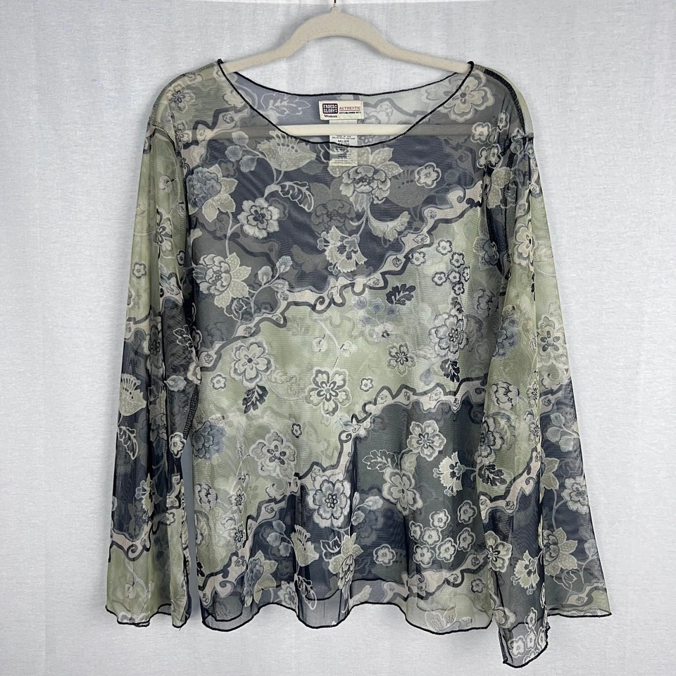 Top Glory Desteñido De Colección Para Mujer XL Floral Malla Transparente Manga Larga Y2K Fairy Grunge Foto 1 de 4
