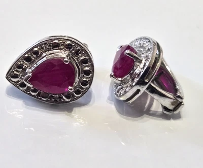 Silver Clip On Earrings Ruby and Diamond Stones 925 Stamped Size 15mm x 12mm - Image 1 of 4