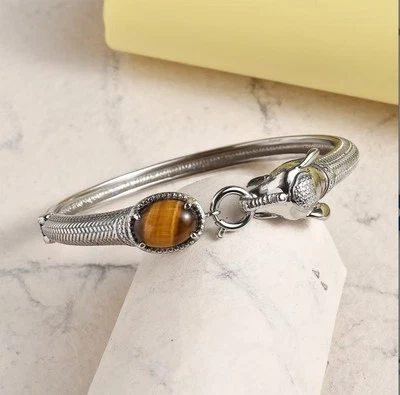 Tigers Eye 6.10 ctw Elephant Bangle Bracelet in Stainless Steel (8.00 In) - Image 1 of 4