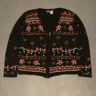 Hermoso cárdigan navideño vintage negro y rojo para mujer con detalle de libro de cuentos Foto 1 de 4