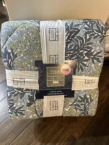 New William Morris Foliage Blue Floral King Comforter Set 3 Pc - Picture 1 of 4