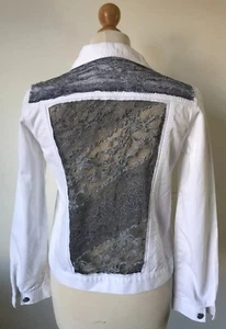 M&S Denim Jacket Girls Age 13 White Sheer Lace Shabby Chic Customised Upcycled - Picture 1 of 10