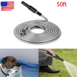 50FT Garden Hose Stainless Steel Metal Water Hose Lightweight Flexible Rustproof - Picture 1 of 8