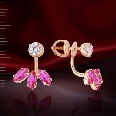 Stud earrings lab corund ruby and CZ  rose gold 585 /14k screw backs  NWT - Image 1 of 2