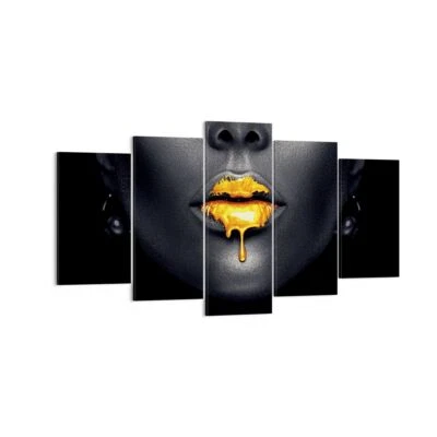 Wandbilder 160x85cm 5 tlg Leinwandbild Gold Mund Schwarz XXL Bilder Wanddeko - Bild 1 von 4