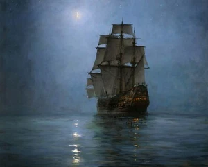 Reproducción de pintura de la luna creciente de Montague Dawson  - Imagen 1 de 3