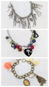 Set of 3 Charm Bracelet Zip Motif Heart Faux Pearl Flower Beads Retro Y2K Whimsy - Picture 1 of 12