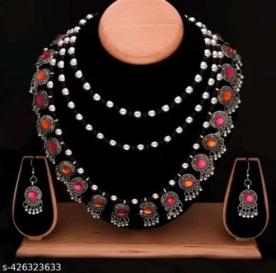 Conjunto de aretes y joyas gargantilla con espejo de plata oxidada de Bollywood indio Foto 1 de 2