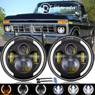 Pair 7'' Round LED Headlights DRL Amber Halo for 1953-1977 Ford F-100 F-250 F350 Foto 1 de 4