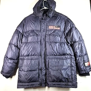 Giacca imbottita vintage scuola di hard knocks down SOHK uomo 2XL blu cappuccio hip hop Y2K - Foto 1 di 14