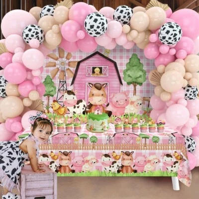 Decoración de cumpleaños rosa para niñas, decoración de baby shower para niñas - animales de granja Foto 1 de 4