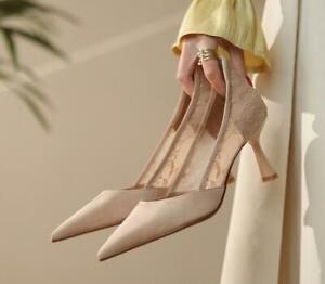 Womens Fashion Pointy Toe Lace Flowers Dress Shoes Elegant Kitten Mid Heels_ 