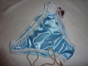 PALE BLUE shiny SATIN panties low rise BIKINI BRIEFS ivory lace Made in France - Picture 1 of 1