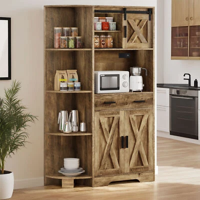 67" Farmhouse Kitchen Pantry with Power Outlet Drawers Storage Cabinet Cupboard - Image 1 of 4