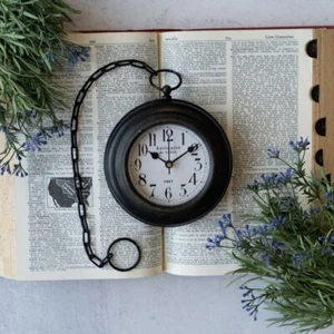 NEW Farmhouse POCKET WATCH WALL CLOCK BLACK Country Iron Wood 19" L x 5" W White - Picture 1 of 3
