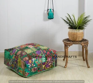Vintage square 24" Green cotton Embroidered Patchwork Ottoman Pouf Cushion cover - Picture 1 of 6