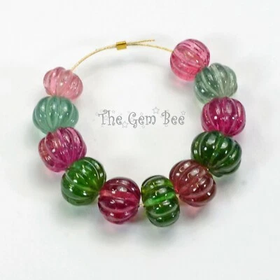 7.6mm-10.5mm Fine Candy Tourmaline Carved Melon Fluted Bead 3.2" Strand (11) - Image 1 of 4