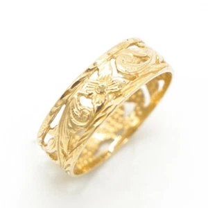 Solid 14k Yellow Gold Hawaiian Plumeria Flower & Maile Kaipo Scroll 6mm Ring - Picture 1 of 4