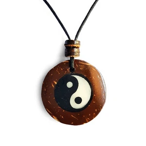 Coconut Wood Yin Yang Charm Pendant Choker Necklace with Black Cord - Picture 1 of 3