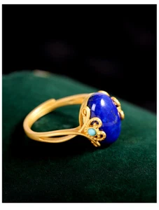 I03 Anello Romantico Ovale Blu Lapis Lazuli Argento 925 Placcato Oro Regolabile - Foto 1 di 5