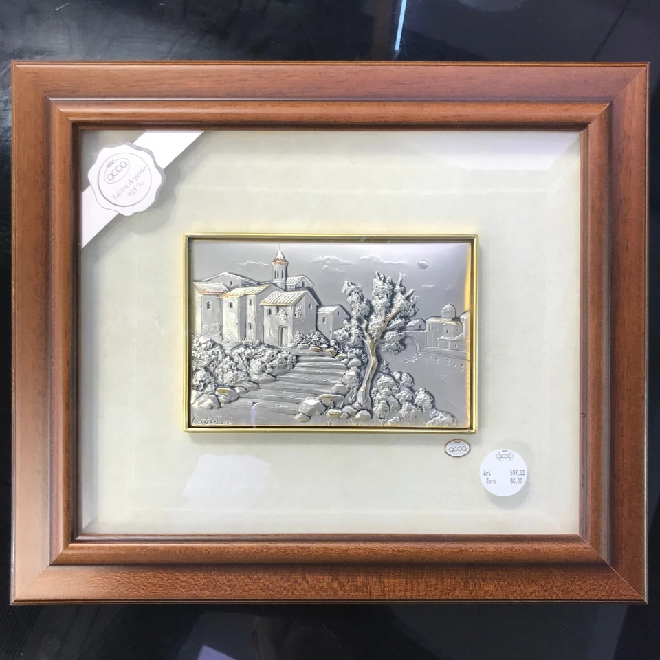 QUADRO PAESAGGIO, scorcio su lastra in argento 925, linea Acca cm 29 X 34 A14 - Immagine 1 di 1