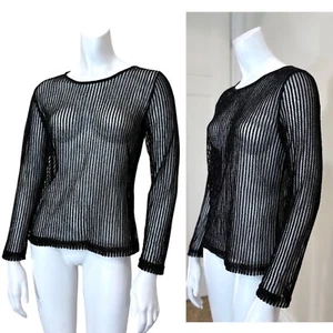 Vintage 90’s STRIPED MESH LONG SLEEVED TOP S Sparkle Rave Y2K Festival Tee Goth - Picture 1 of 6