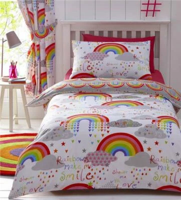 Girls Duvet Sets Childrens Bedding Pink Fairy Unicorns Rainbows New Quilt Covers - Image 1 of 4