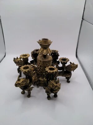 CANDELABRO ANTIGO ASIÁTICO FOO CÃO DRAGÃO ALADO LEÃO 6 VELAS BRONZE PESADO - Imagem 1 de 4