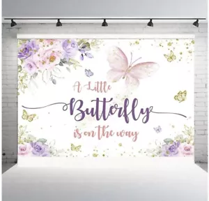 Butterfly Baby Shower Backdrop Party Decoration Girls Purple Flower Butterfly - Picture 1 of 3