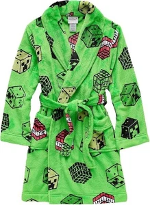 Minecraft Dark Creeper and TNT Block Boy's Soft Green Print Bathrobe, Size 6 - Picture 1 of 2