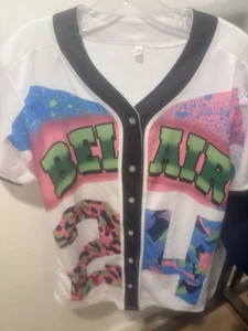 Bel Air Oversized Baseball Button up Jersey 90s Party Fluorescent Size Medium - Picture 1 of 3