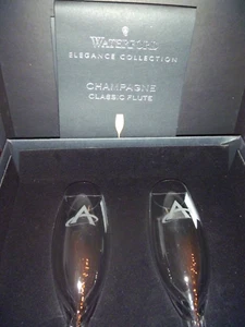Waterford Crystal set of 2 Champagne Glasses Etched A w/ Original Box - Picture 1 of 12