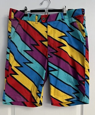 Pantalones cortos de golf Loudmouth Fun patrón en zigzag azul/púrpura/amarillo/rojo talla 38 Foto 1 de 4